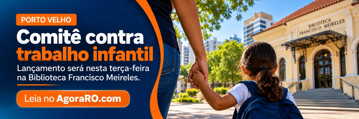 Faixa ilustrativa sobre comitê contra trabalho infantil em Porto Velho, com adulto e criança, prédio institucional estilizado e assinatura Leia no AgoraRO.com