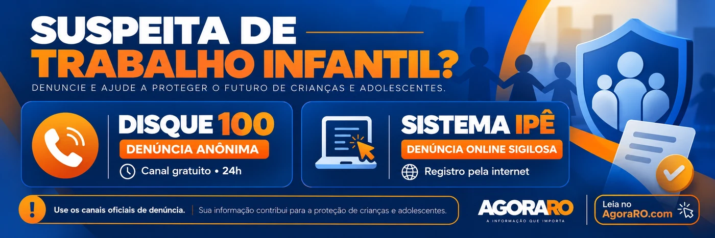 Infográfico com Disque 100 e Sistema IPÊ para denúncias de trabalho infantil.