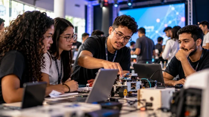 Participantes em atividade de tecnologia ilustram o Conexão Tech.RO em Porto Velho