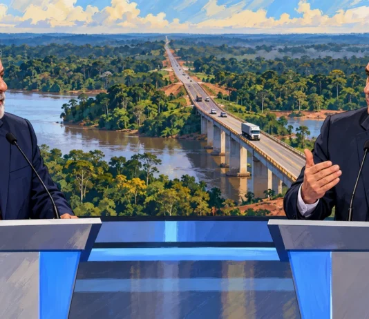 Debate entre Lula e Flávio Bolsonaro reúne propostas e declarações checadas antes do segundo turno Composição editorial ilustrativa do debate Lula e Flávio Bolsonaro, com referência à BR-319 e à Amazônia, gerada por IA.