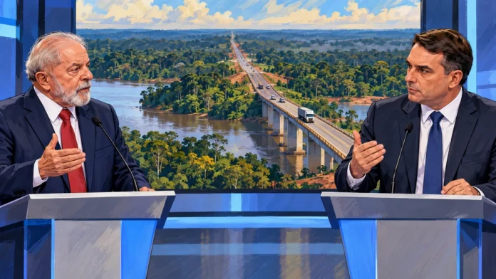 Composição editorial ilustrativa do debate Lula e Flávio Bolsonaro, com referência à BR-319 e à Amazônia, gerada por IA.