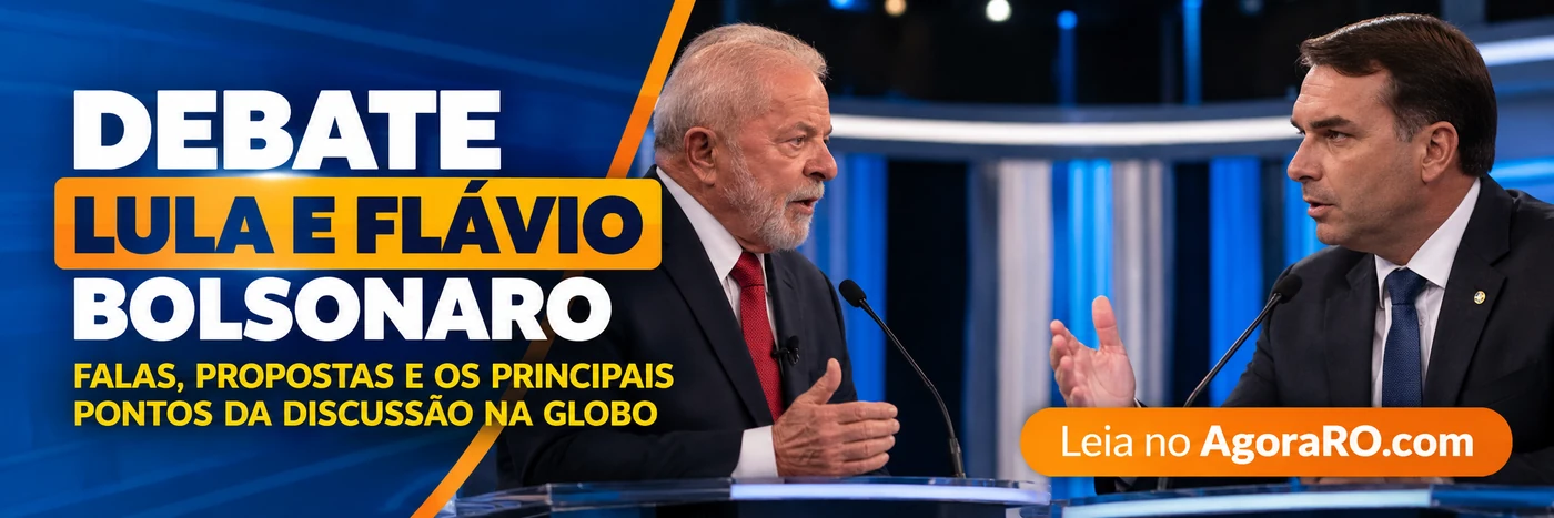 Composição editorial ilustrativa sobre o debate Lula e Flávio Bolsonaro, com assinatura Leia no AgoraRO.com; imagem gerada por IA, não fotograma da TV Globo.