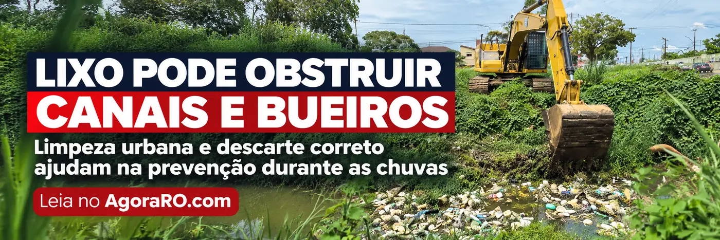Faixa do AgoraRO sobre descarte irregular de lixo em Porto Velho e risco de obstrução da drenagem
