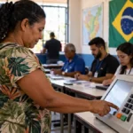 MP Eleitoral reforça regras para o dia da votação em Rondônia Eleitora usando urna eletrônica em composição sobre o dia da votação em Rondônia