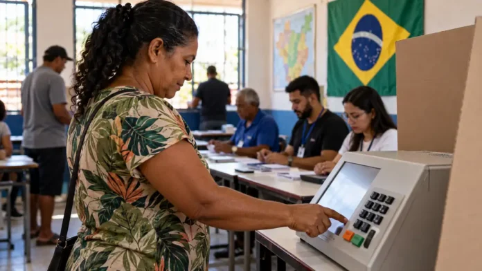 Eleitora usando urna eletrônica em composição sobre o dia da votação em Rondônia