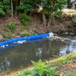 Ecobarreira do Belmont recolhe quase 50 kg de resíduos na primeira limpeza Ecobarreira do Belmont em composição editorial baseada em fotos de referência, mostrando barreira flutuante azul e resíduos retidos no igarapé.
