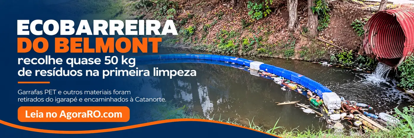 Ecobarreira do Belmont em arte editorial ilustrativa assistida por IA, com barreira flutuante azul e resíduos retidos no igarapé.
