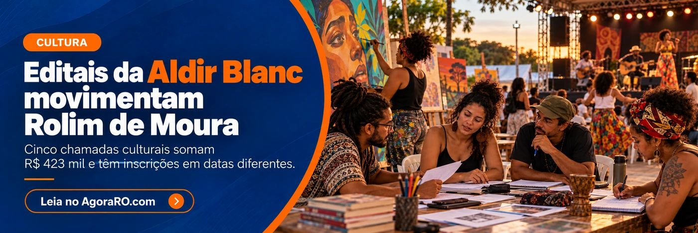 Imagem faixa do AgoraRO sobre editais da Aldir Blanc em Rolim de Moura