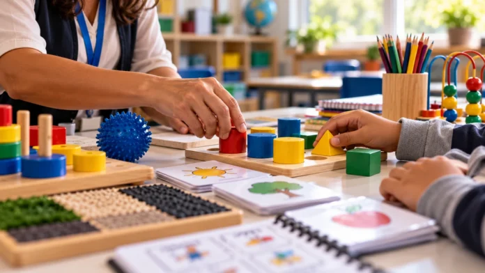 A educação inclusiva é ilustrada por professora e estudante usando blocos geométricos e materiais pedagógicos em sala de aula.