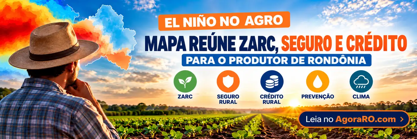 Faixa editorial sobre El Niño no agro com ZARC, seguro rural, crédito, prevenção e clima