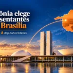 Rondônia elege 2 senadores e 8 deputados federais; veja os nomes Eleitos por Rondônia para o Congresso em composição editorial com mapa do estado e Congresso Nacional