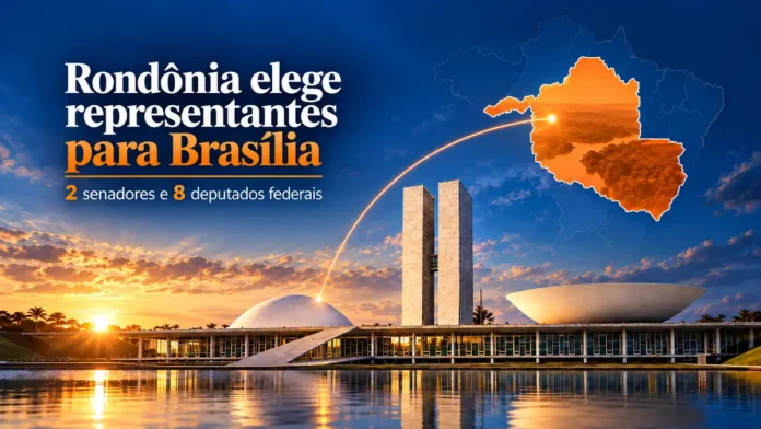 Eleitos por Rondônia para o Congresso em composição editorial com mapa do estado e Congresso Nacional