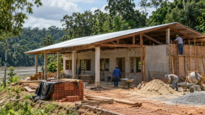 Construção de unidade escolar em área de floresta amazônica, imagem ilustrativa