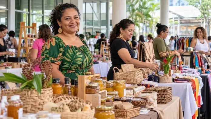 Feira Mulher do Norte em Porto Velho, composição ilustrativa de empreendedoras em bancas com artesanato e produtos alimentícios