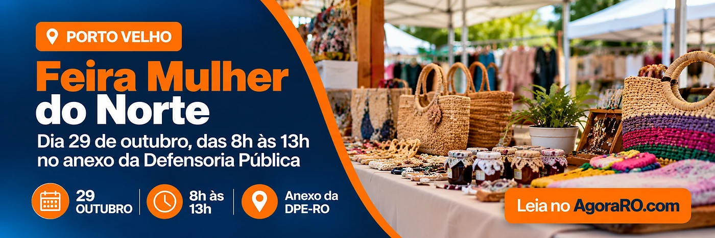Faixa ilustrativa da Feira Mulher do Norte com artesanato e informação de 29 de outubro, das 8h às 13h, no anexo da DPE-RO