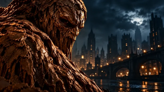 Cara-de-Barro estreia nos cinemas brasileiros Ilustração do filme Cara-de-Barro com personagem de aparência argilosa diante de uma cidade noturna fictícia.