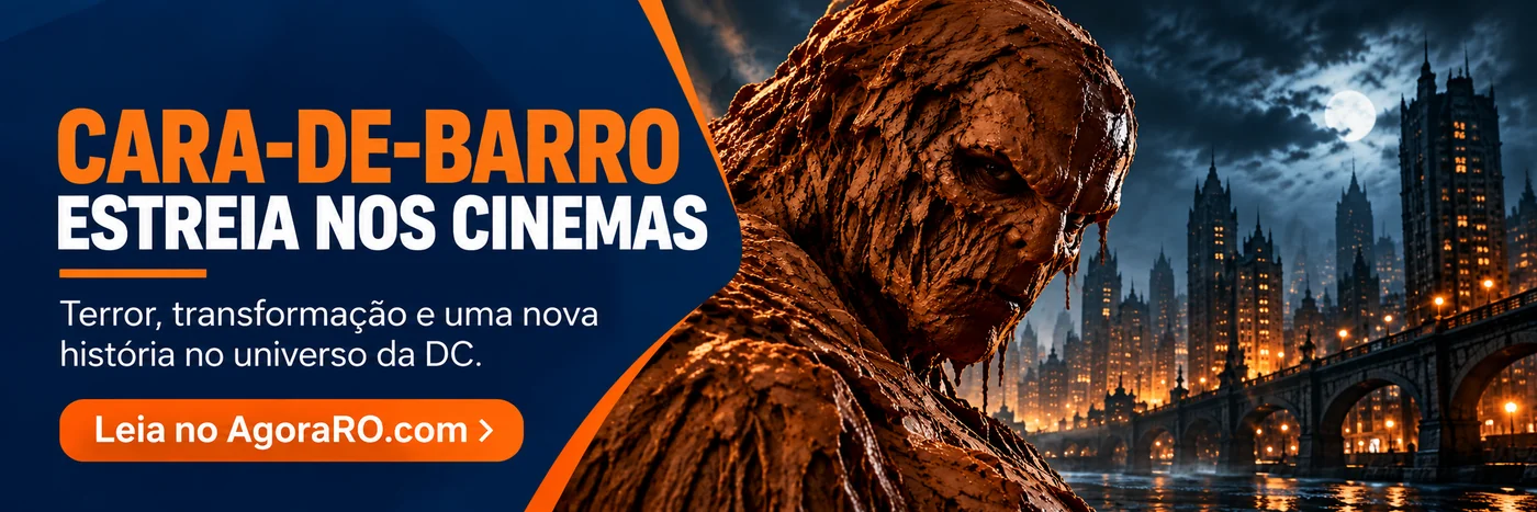 Faixa ilustrativa sobre o filme Cara-de-Barro com cenário urbano noturno, figura argilosa e assinatura Leia no AgoraRO.com.