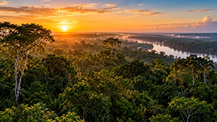 Vista aérea de floresta amazônica relacionada à concessão da Flona do Bom Futuro em Rondônia