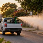 Fumacê começa por sete bairros de Vilhena; aplicação ocorre a partir das 17h Veículo de controle de endemias aplica fumacê em rua residencial ilustrando ação em Vilhena