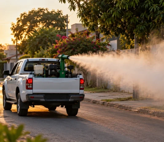 Fumacê começa por sete bairros de Vilhena; aplicação ocorre a partir das 17h Veículo de controle de endemias aplica fumacê em rua residencial ilustrando ação em Vilhena