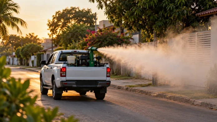 Veículo de controle de endemias aplica fumacê em rua residencial ilustrando ação em Vilhena