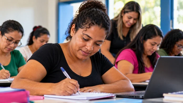 Mulheres participam de formação presencial em sala de aula em Rondônia