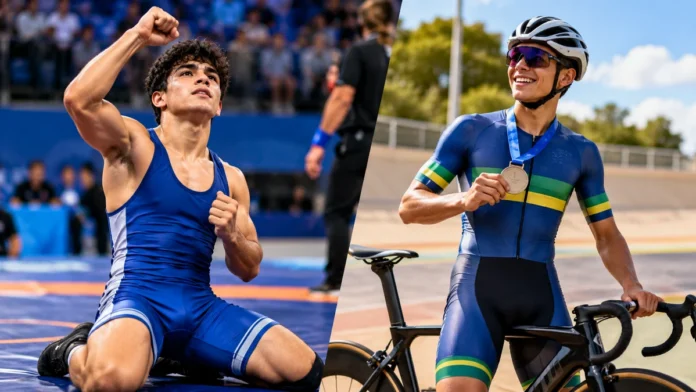 Jogos da Juventude 2026 ilustrados por atletas de wrestling e ciclismo, modalidades em que Rondônia conquistou medalhas.