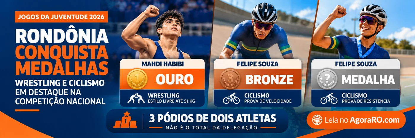 Infográfico ilustrativo dos três pódios de Mahdi Habibi e Felipe Souza nos Jogos da Juventude 2026.