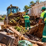 Vilhena inclui três bairros na limpeza urbana; fiscalização virá depois Limpeza urbana em Vilhena ilustrada por equipe e máquinas recolhendo entulhos em rua residencial