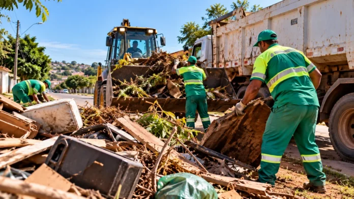 Limpeza urbana em Vilhena ilustrada por equipe e máquinas recolhendo entulhos em rua residencial