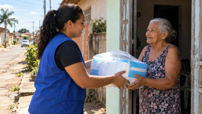 Beneficiária recebe pacote de fraldas em entrega domiciliar em Porto Velho