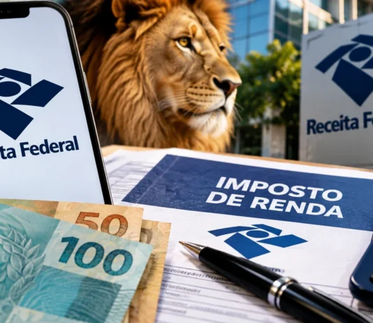 Receita abre consulta a 184 mil restituições do IR; pagamento será dia 30 Composição editorial ilustrativa sobre o lote residual do IRPF de outubro de 2026, com celular, cédulas e documentos; não é imagem oficial da Receita Federal.