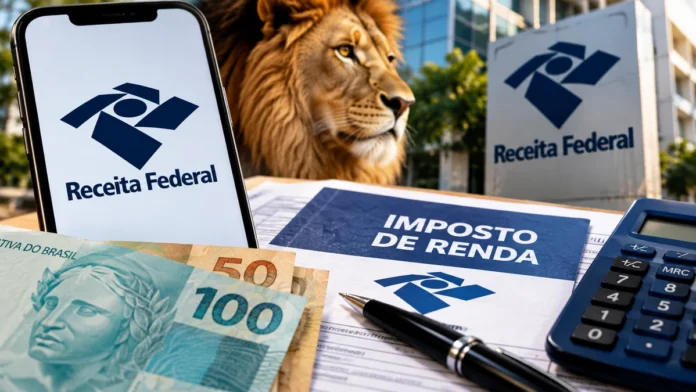 Composição editorial ilustrativa sobre o lote residual do IRPF de outubro de 2026, com celular, cédulas e documentos; não é imagem oficial da Receita Federal.