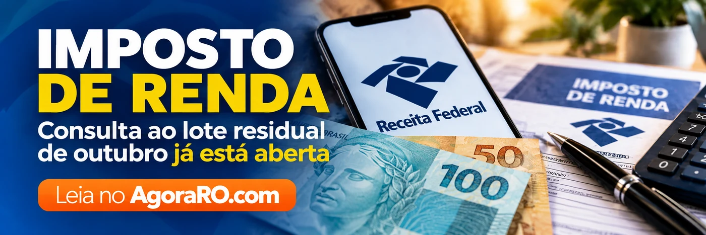 Faixa editorial ilustrativa sobre o lote residual do IRPF, com documentos e referência visual à Receita Federal e assinatura Leia no AgoraRO.com.