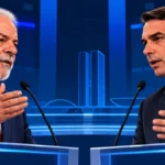 Lula e Flávio Bolsonaro terão último debate nesta sexta; veja horário em Rondônia Lula e Flávio Bolsonaro em ilustração editorial de debate, criada por inteligência artificial