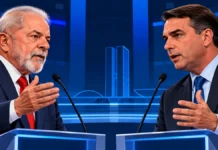 Lula e Flávio Bolsonaro terão último debate nesta sexta; veja horário em Rondônia Lula e Flávio Bolsonaro em ilustração editorial de debate, criada por inteligência artificial