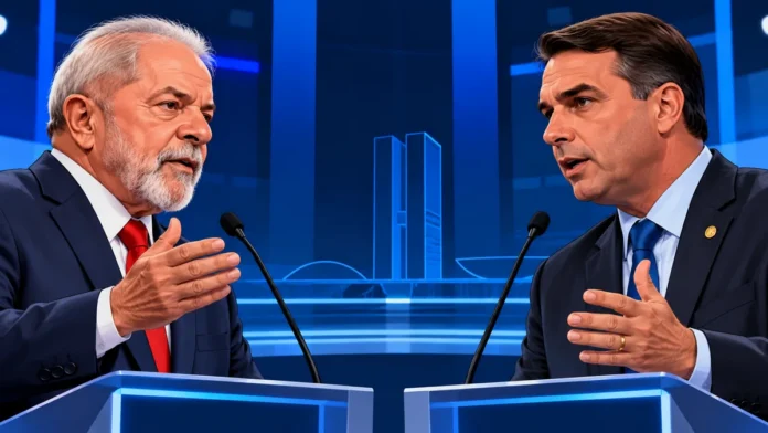 Lula e Flávio Bolsonaro em ilustração editorial de debate, criada por inteligência artificial