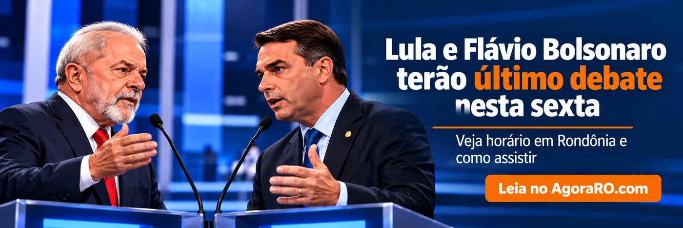 Faixa editorial ilustrativa de Lula e Flávio Bolsonaro sobre a programação do debate de sexta-feira