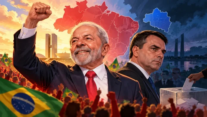 Composição editorial com Lula e Flávio Bolsonaro sobre o segundo turno presidencial de 2026