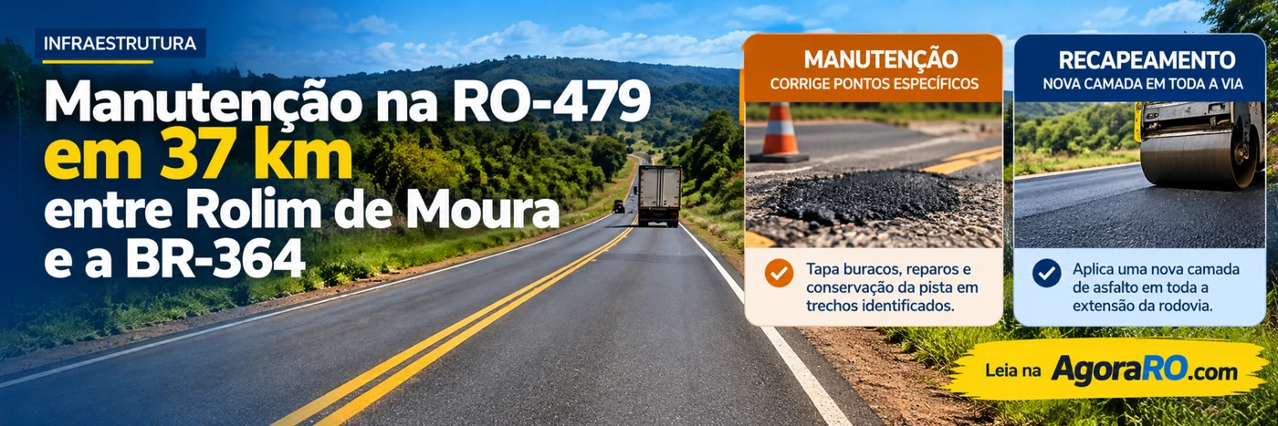 Faixa ilustrativa sobre manutenção na RO-479 em 37 km e comparação entre reparos localizados e recapeamento integral