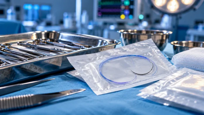 Composição editorial ilustrativa sobre materiais cirúrgicos da B. Braun, com fios de sutura e instrumentos hospitalares genéricos; imagem gerada por IA.