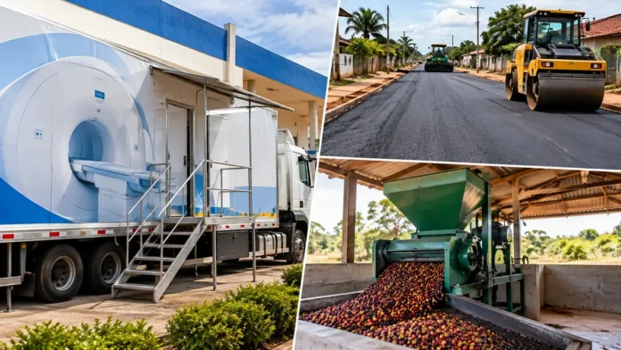 Melhorias em Rondônia ilustradas por carreta de exames, pavimentação urbana e equipamento de beneficiamento de café