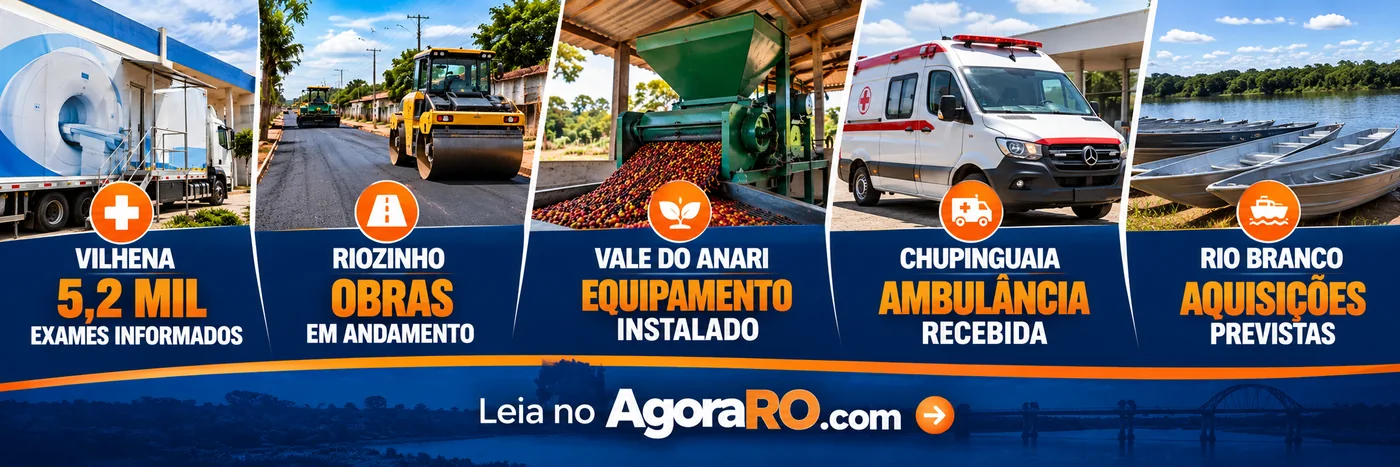 Infográfico das melhorias em Rondônia com exames, obras, equipamento instalado, ambulância recebida e aquisições previstas