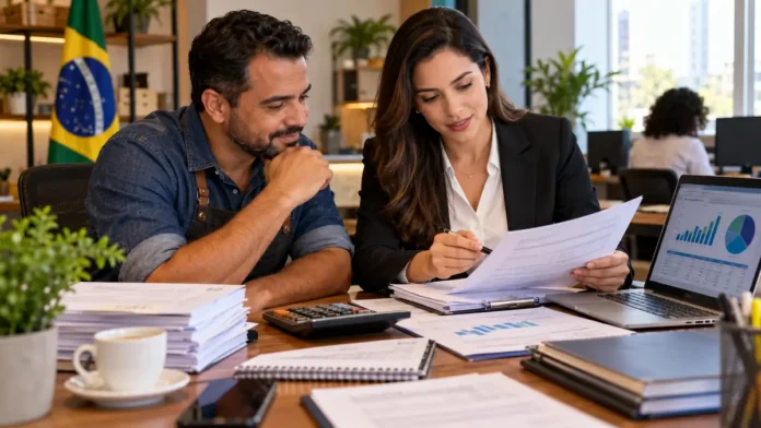 Microempreendedor analisa documentos em composição sobre negociação PGFN