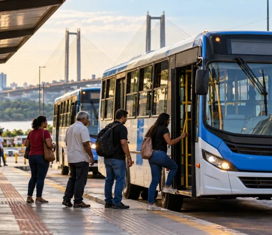 Prefeitura confirma ônibus grátis em Porto Velho no domingo; veja horário ônibus grátis em Porto Velho: composição editorial ilustrativa gerada por IA mostra passageiros embarcando em um coletivo urbano.