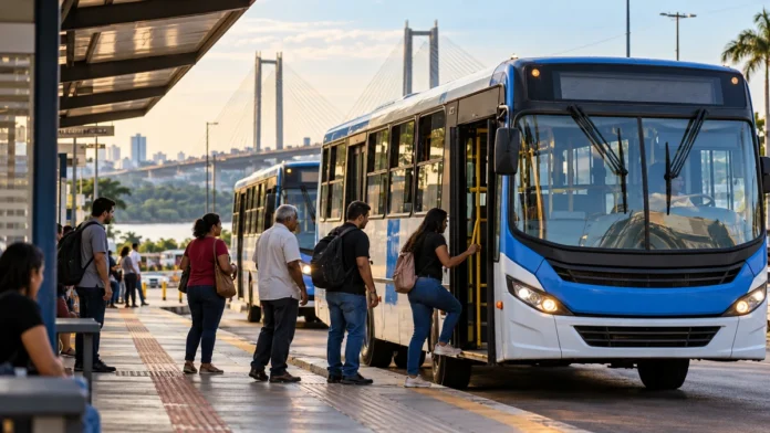 ônibus grátis em Porto Velho: composição editorial ilustrativa gerada por IA mostra passageiros embarcando em um coletivo urbano.