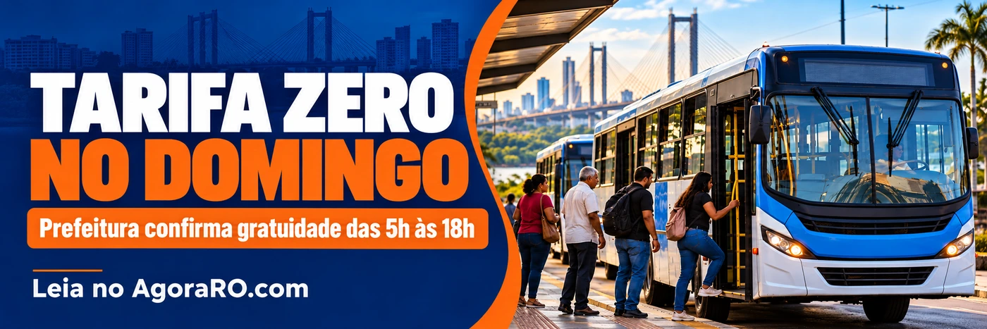 Faixa editorial ilustrativa sobre ônibus grátis em Porto Velho no domingo, com horário das 5h às 18h e assinatura Leia no AgoraRO.com; arte gerada por IA.