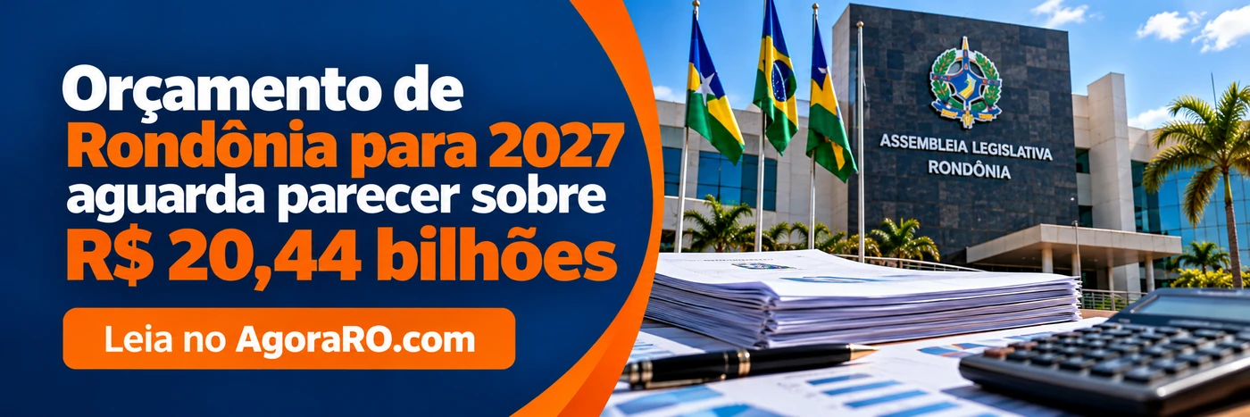 Banner ilustrativo informa que projeto de R$ 20,44 bilhões para 2027 aguarda parecer, com documentos e edifício legislativo estilizado