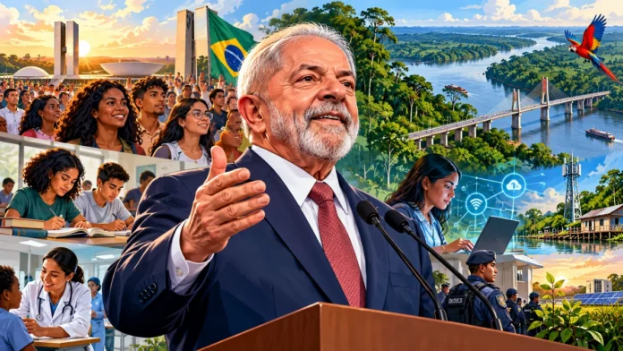 Arte editorial ilustrativa de Lula diante do Congresso Nacional, com destaque para participação popular e prioridades do quarto mandato.