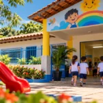 Vista Alegre do Abunã garante 70 vagas na pré-escola e prevê nova chamada em novembro Ilustração de crianças chegando a uma escola infantil, representando vagas na pré-escola em Vista Alegre do Abunã